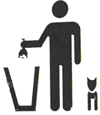 This is a park sign. It shows a man and a dog. The man is dropping a bag in the garbage can. The bag contains the dog's poop (waste). It is illegal to leave dog poop in the park. You must pick it up.